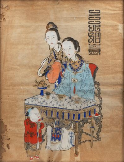 Stampa Raffigurante Due Donne e un Bambino, Cina Secolo XIX