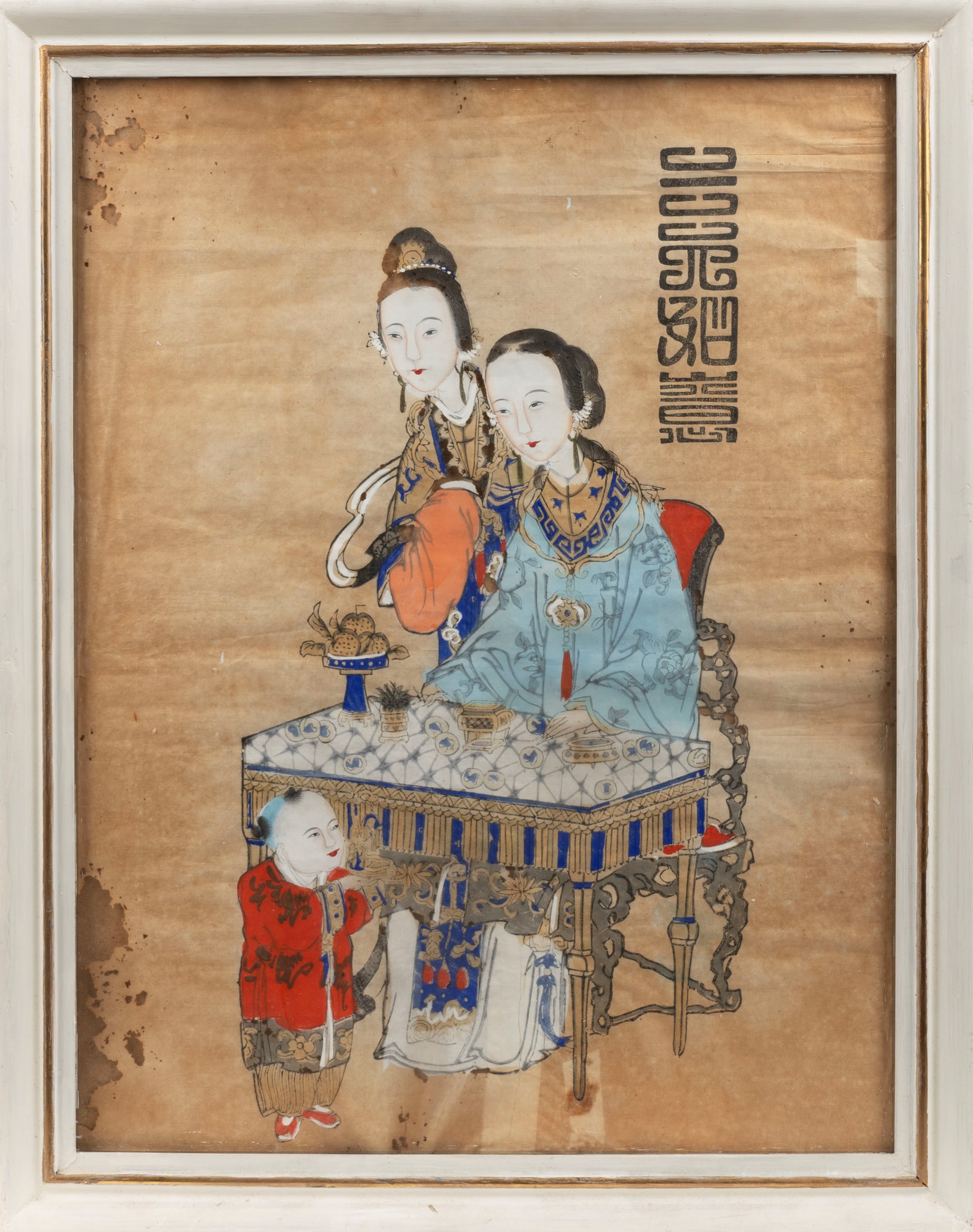 Stampa Raffigurante Due Donne e un Bambino, Cina Secolo XIX