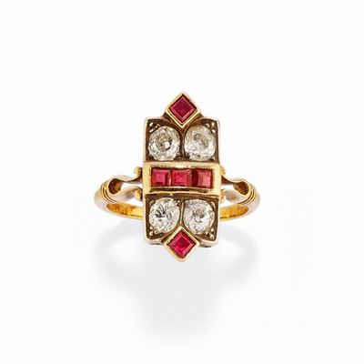Anello in oro giallo 18k e argento con rubini e diamanti