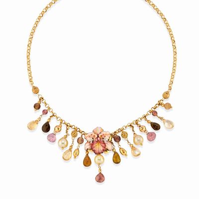 Collana con smalti, oro giallo 18k, diamanti, perle e pietre colorate