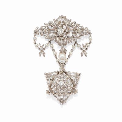 Spilla in oro bianco 18k con diamanti e perle coltivate