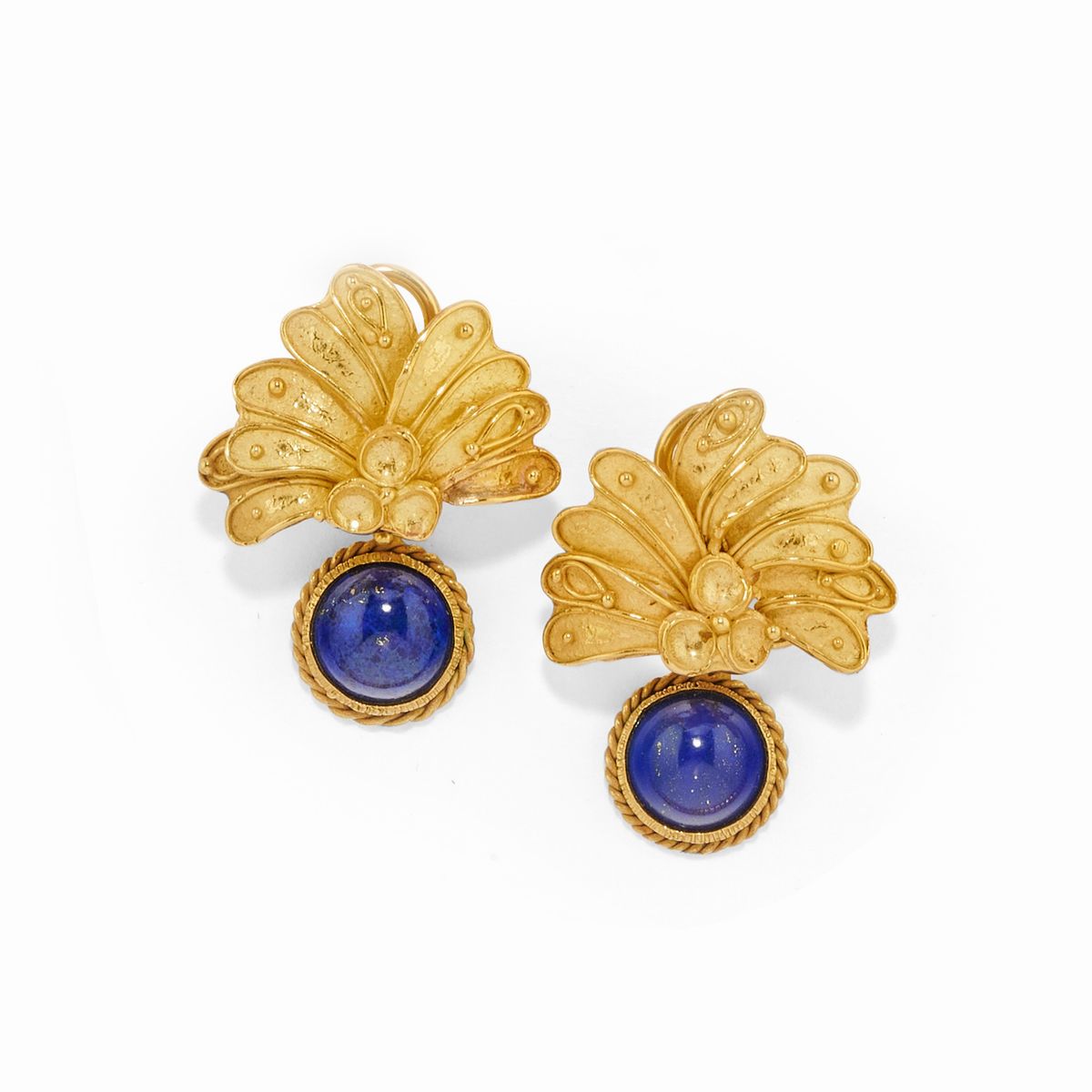 Orecchini in oro giallo 18k con gemme di lapislazzuli e corallo