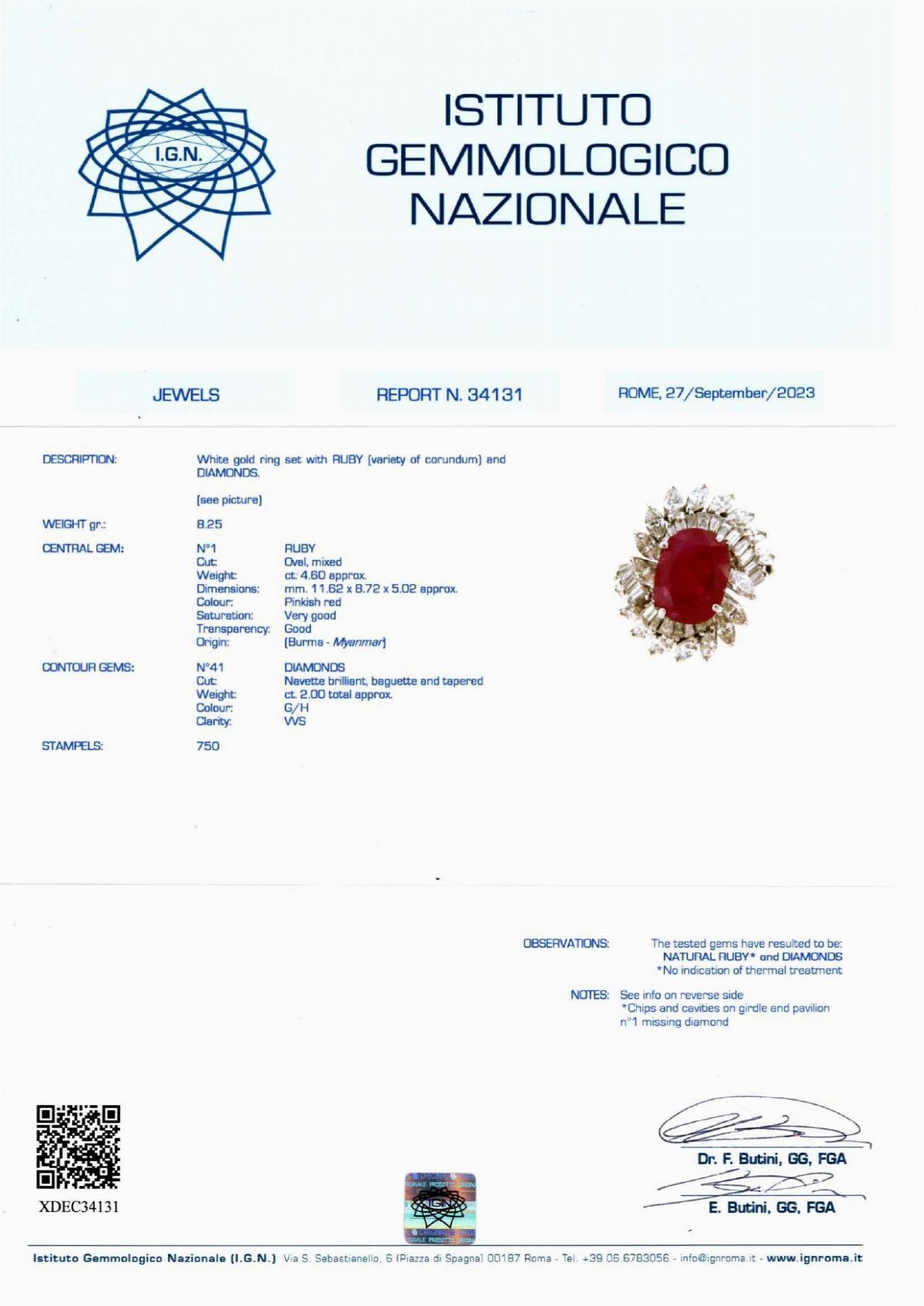 Anello in oro bianco 18k con rubino Burma e diamanti