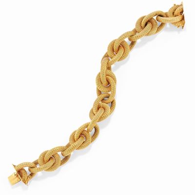 Bracciale in oro giallo 18k, maglie a catena con lavorazione a tessuto