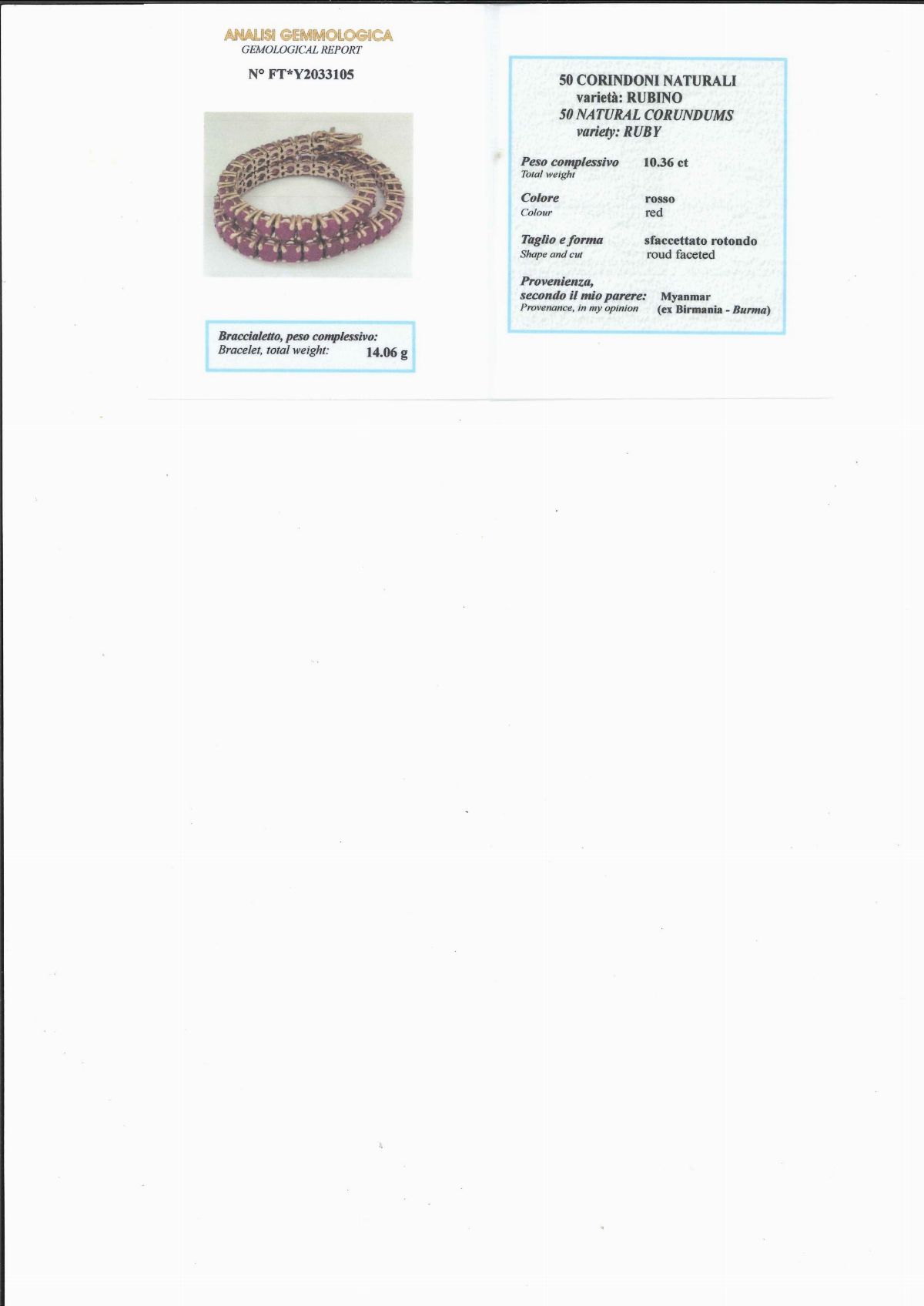 Bracciale tennis in oro bianco 18k con rubini Burma, 10,36 ct