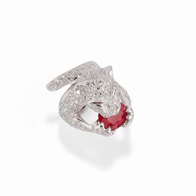 Anello in oro bianco 18k con rubino Burma e diamanti