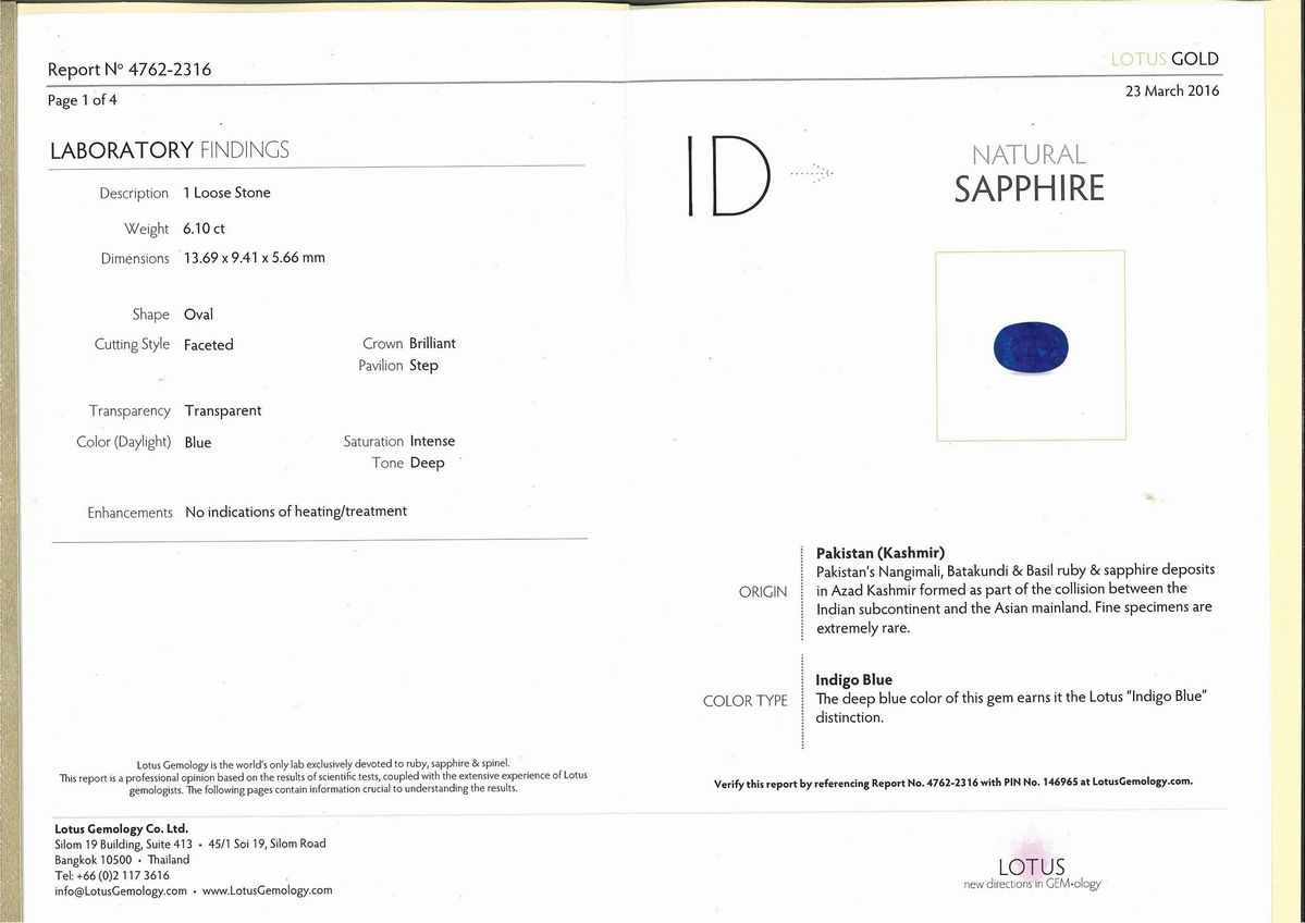 Anello con zaffiro Kashmir ovale di ct 6,11 in oro bianco 18k