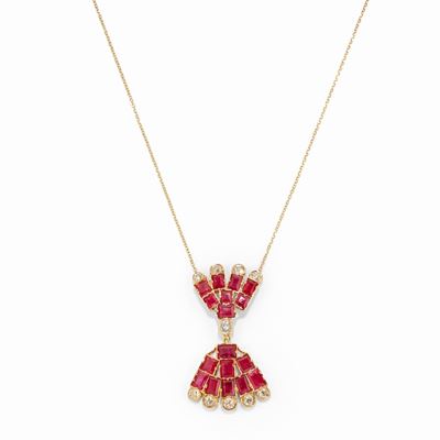 Collana in oro giallo 18k con rubini Burma e diamanti