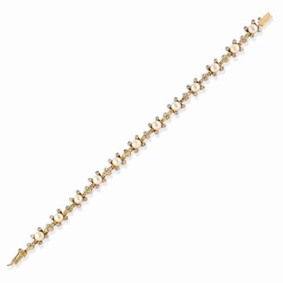 Bracciale in oro bicolore 14k con perle coltivate e pietre incolore