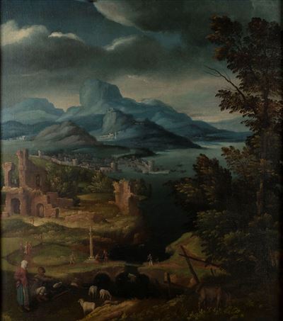 Paesaggio fluviale con viandanti e rovine classiche, olio su tela