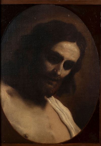 Studio per Cristo risorto, olio su tela entro sagoma ovale dipinta