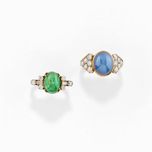 Two low-carat gold, 18K two-color gold, diamond and colored gemstones rings