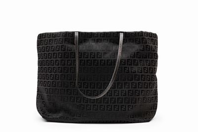 Borsa shopper in tessuto logato nero con manici in pelle