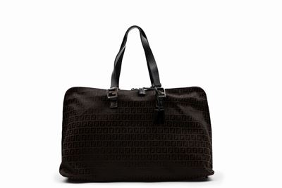 Borsa shopper in tessuto logato marrone scuro con manici in pelle