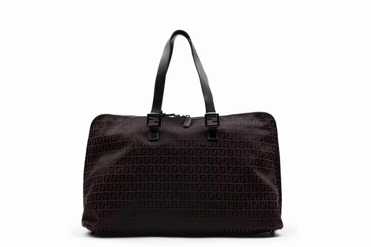 Fendi - Borsa shopper in tessuto logato marrone scuro con manici in pelle
