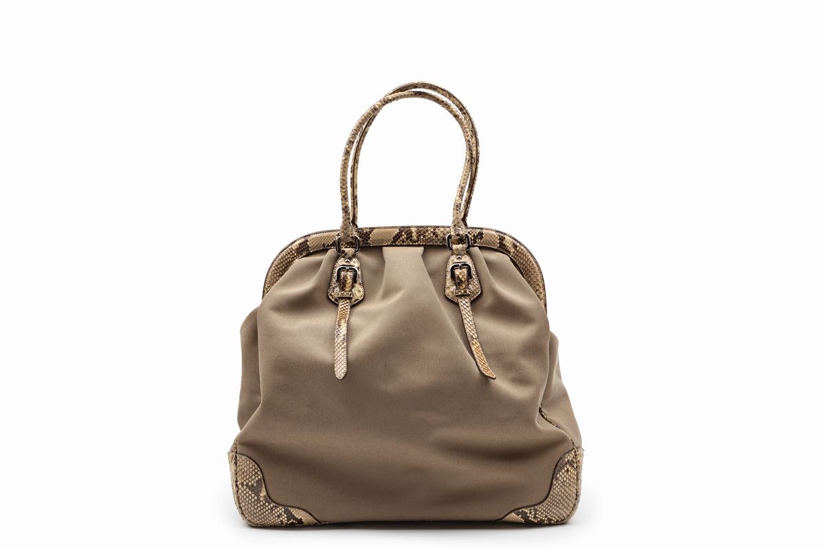Prada - Borsa in tela color kaki con manici in pelle esotica