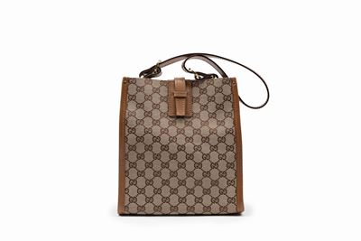 Borsa in tessuto logato beige con dettagli in pelle