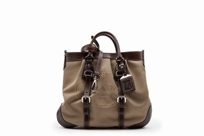 Borsa in tela color kaki, con manici e dettagli in pelle marrone