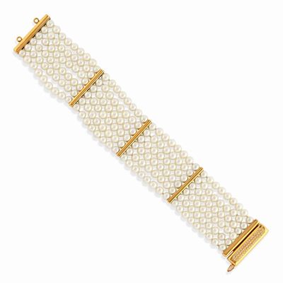 Bracciale, sei fili di perle coltivate in oro giallo 18k con chiusura in diamanti