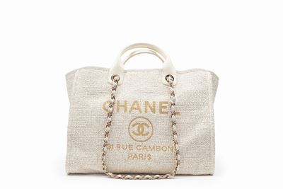 Borsa Deauville, tessuto melange panna metallizzato con dettagli in pelle e metallo dorato
