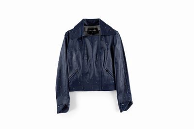 Giacchino, Giacca in pelle di agnello blu con applicazioni in lana bouclé