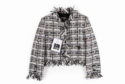Giacca corta in misto seta e cotone bouclé, colore bianco, nero e multicolor, taglia 34 francese