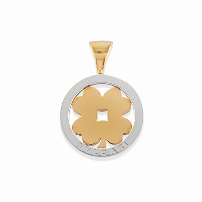 Pendente in oro giallo 18k e acciaio con motivo a quadrifoglio