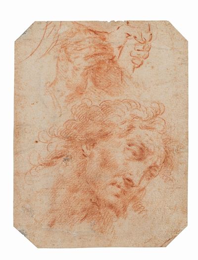 Correggio, Studio di testa e mani (recto) e Studio per crocifisso (verso), sanguigna su carta sag...