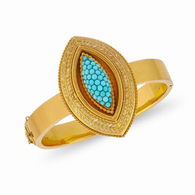 Bracciale in oro giallo 18k con motivi a losanga e turchesi, XIX secolo