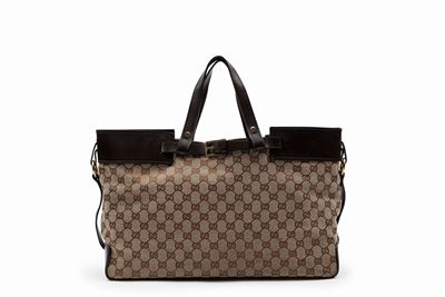 Borsa shopper in tela monogrammata con dettagli in pelle