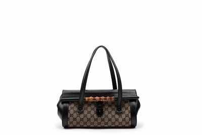 Borsa in tela GG bicolore con dettagli in pelle e bambù