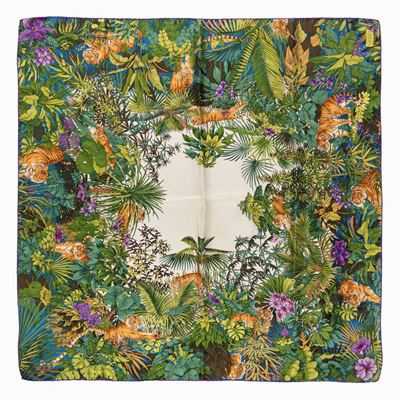 Foulard, seta con stampa giungla su fondo bianco