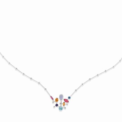 Collana, oro bianco 18k con diamanti e pietre colorate