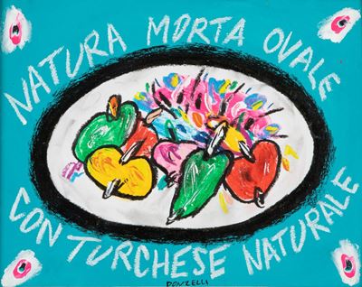 Natura morta ovale con turchese naturale, acrilico su cartoncino