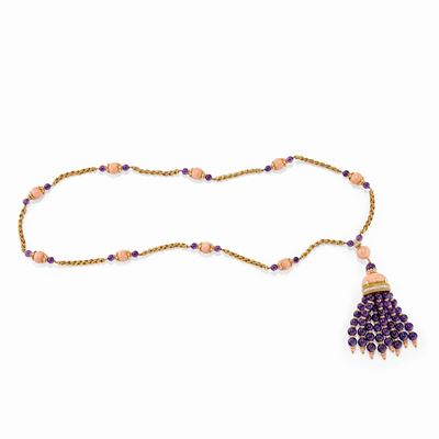 Collana in oro giallo 18k con corallo rosa e ametiste