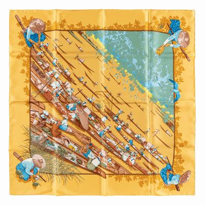 Dimitri Rybaltchenko, Foulard Marché Flottant Du Lac Inlé, seta su fondo color zafferano, 2001