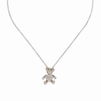 Collana in oro bianco 18k con pendente a forma di orsetto impreziosito da diamanti taglio brillan...