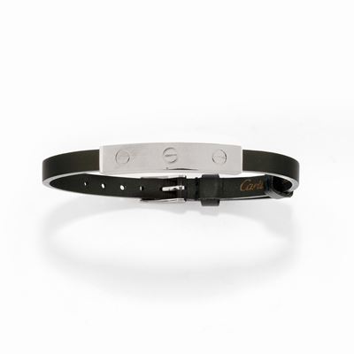 Bracciale in oro bianco 18k con cinturino in cuoio nero