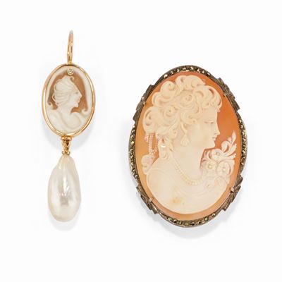 Spilla e orecchino con cammeo in argento e oro rosso 18k
