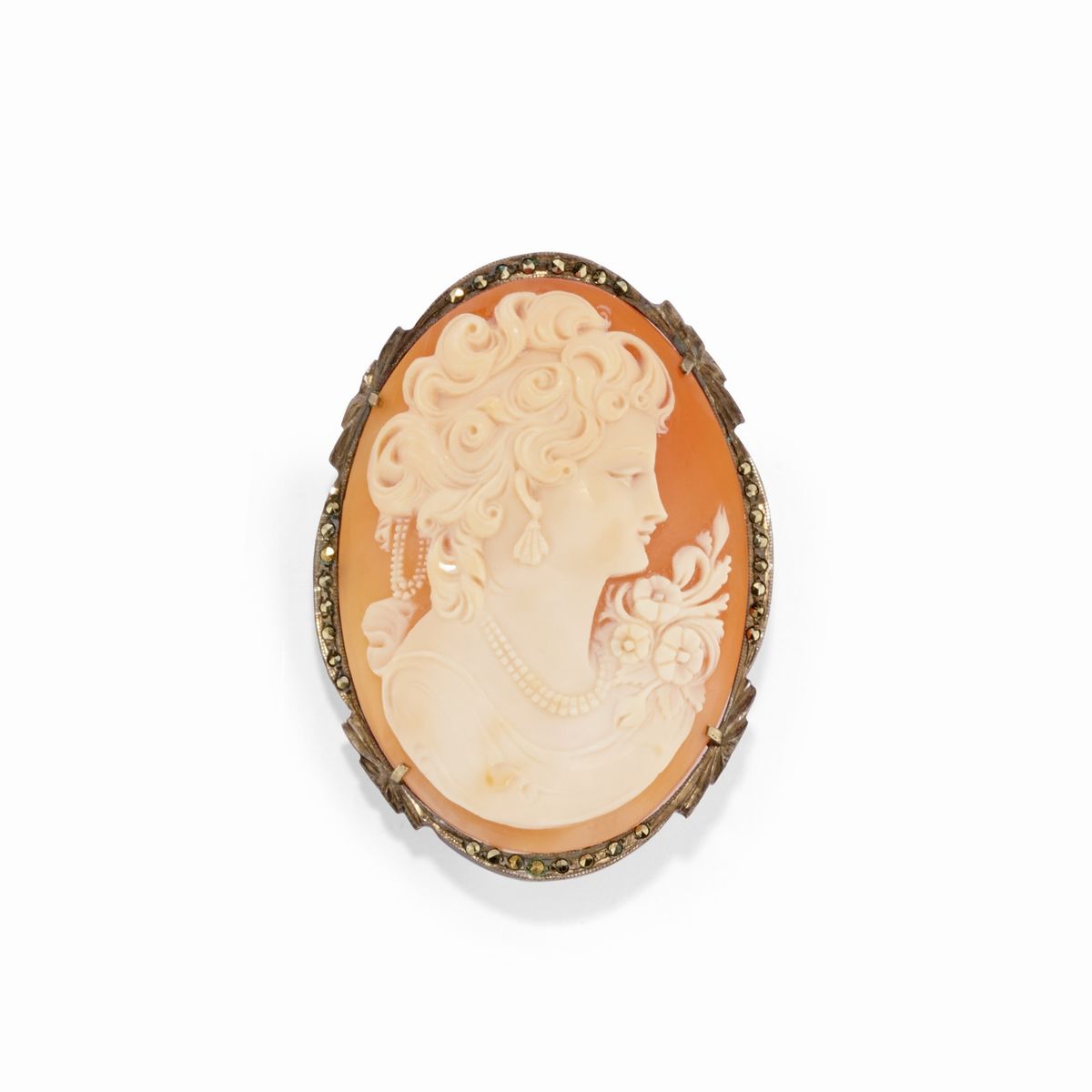 Spilla e orecchino con cammeo in argento e oro rosso 18k