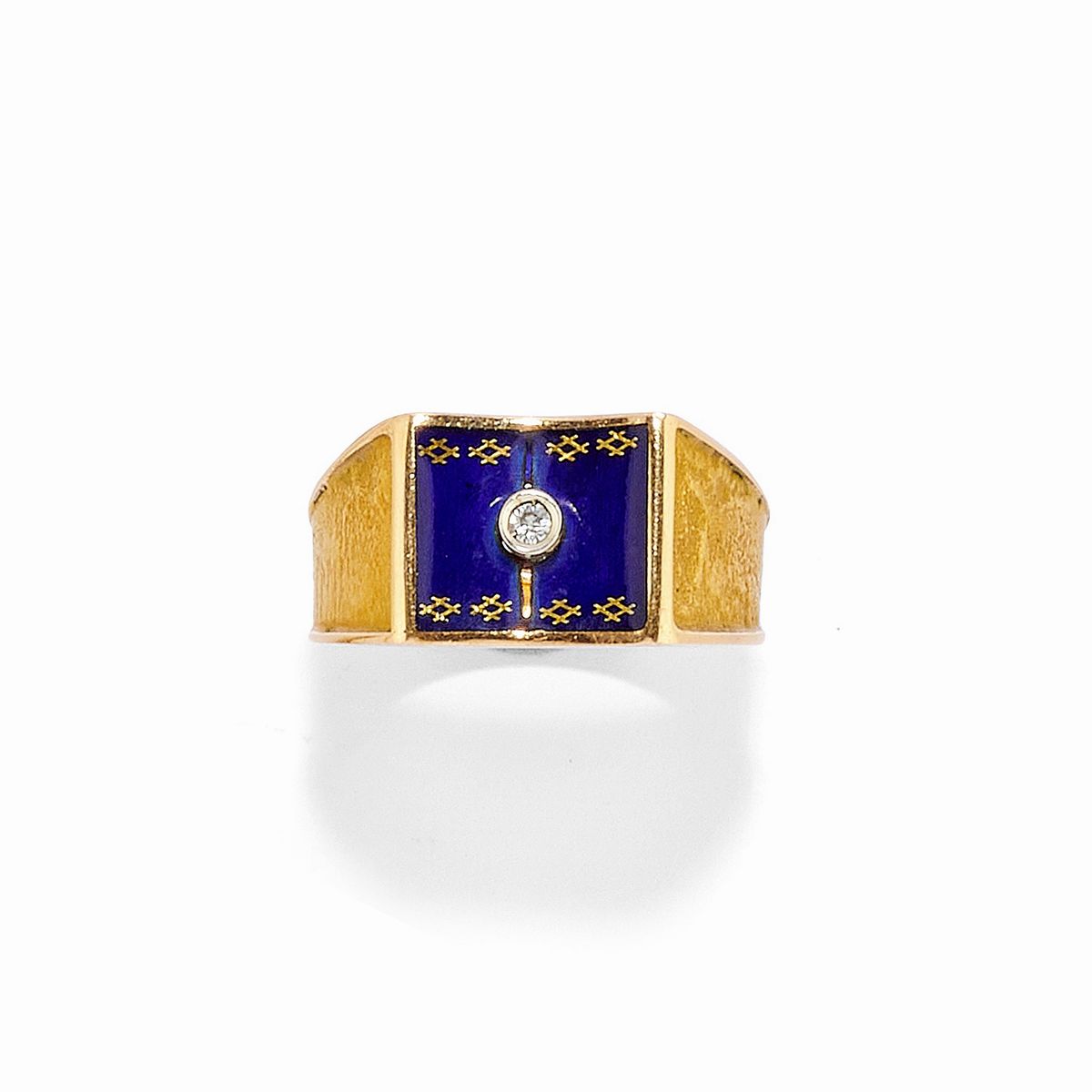 Due anelli in oro giallo 18k con smalto blu, quarzo e diamante