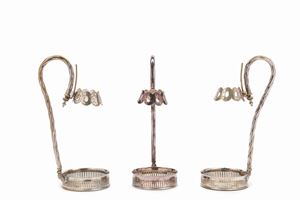 Three metal silver plated bottle holders