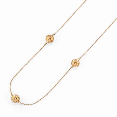 Collana in oro giallo 18k con maglia ad anelli e interruttori a boules traforate