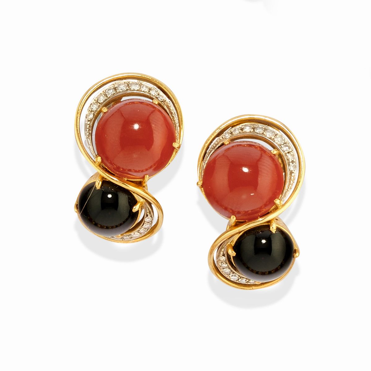 Demi-parure in oro giallo 18k con corallo e onice
