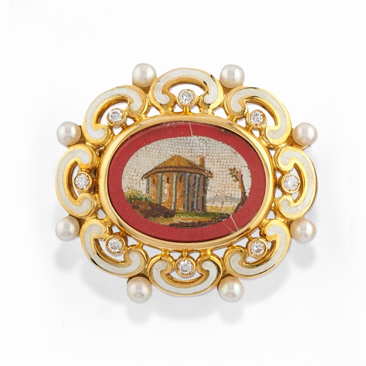 Due spille in oro giallo 18k con micro mosaico e dipinto