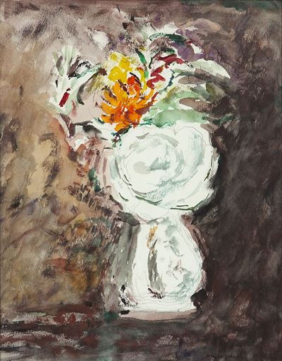 Fiori nel vaso bianco, tecnica mista su carta applicata su tavola