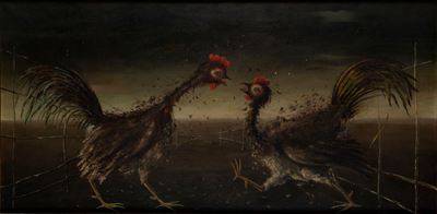 Galli in combattimento, olio su tela, 50 x 100 cm, 1959