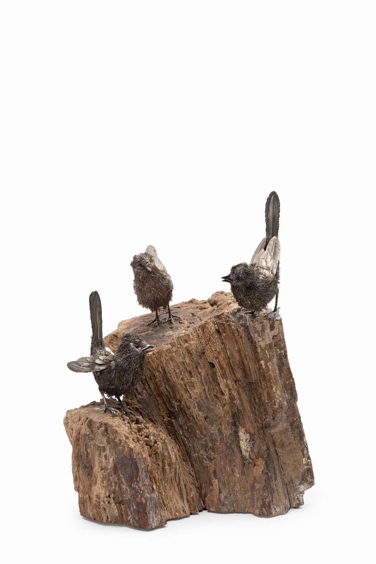 Mario Buccellati - Scultura Raffigurante Tre Passeri su Supporto Minerale