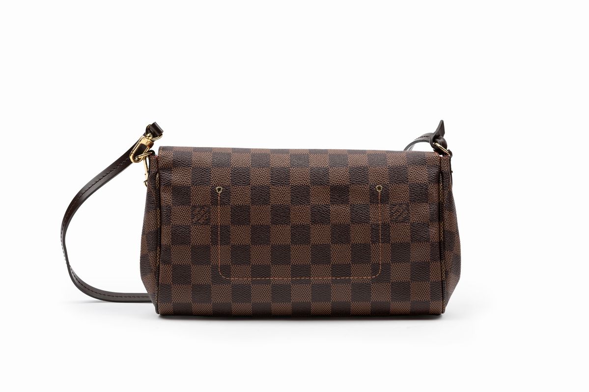 Louis Vuitton - Borsa in pelle Damier Ebène con tracolla in pelle e metallo dorato
