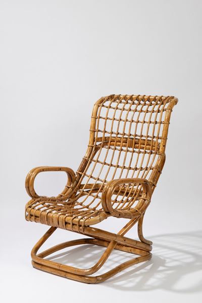 Poltrona in bamboo con poggiapiedi, circa 1950